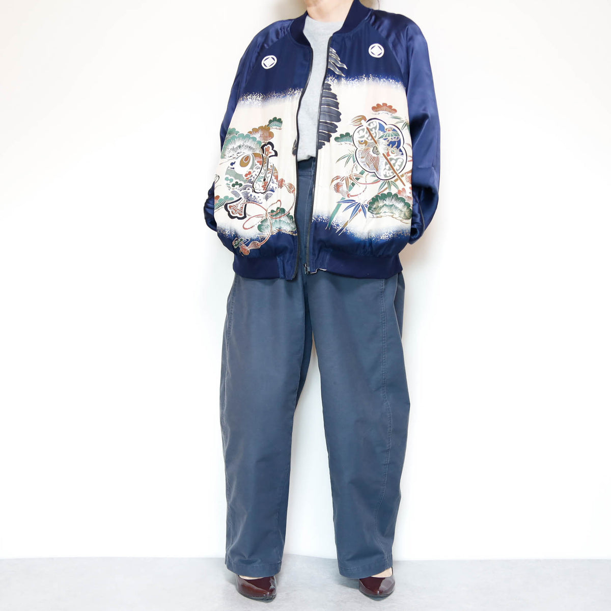 Vintage Kimono Bomber Jacket Men’s L | Silk Zip-Up Japanese Pattern Unisex | RIKA SHIOYA BOUTIQUE