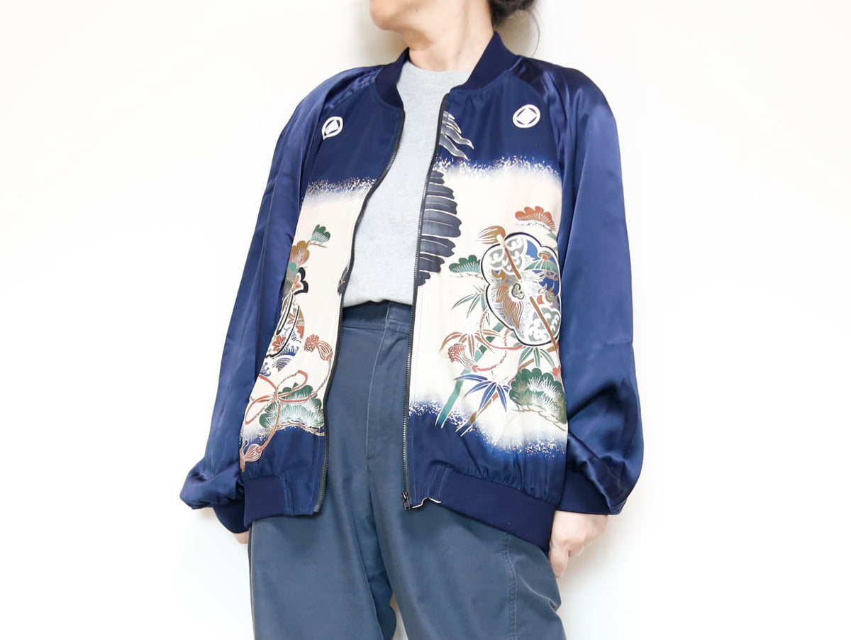 Vintage Kimono Bomber Jacket Men’s L | Silk Zip-Up Japanese Pattern Unisex | RIKA SHIOYA BOUTIQUE