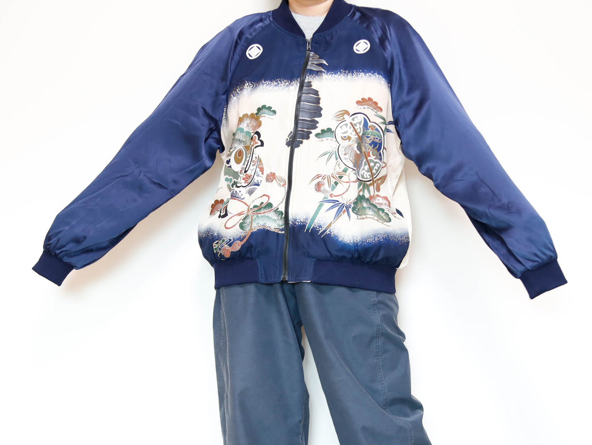 Vintage Kimono Bomber Jacket Men’s L | Silk Zip-Up Japanese Pattern Unisex | RIKA SHIOYA BOUTIQUE