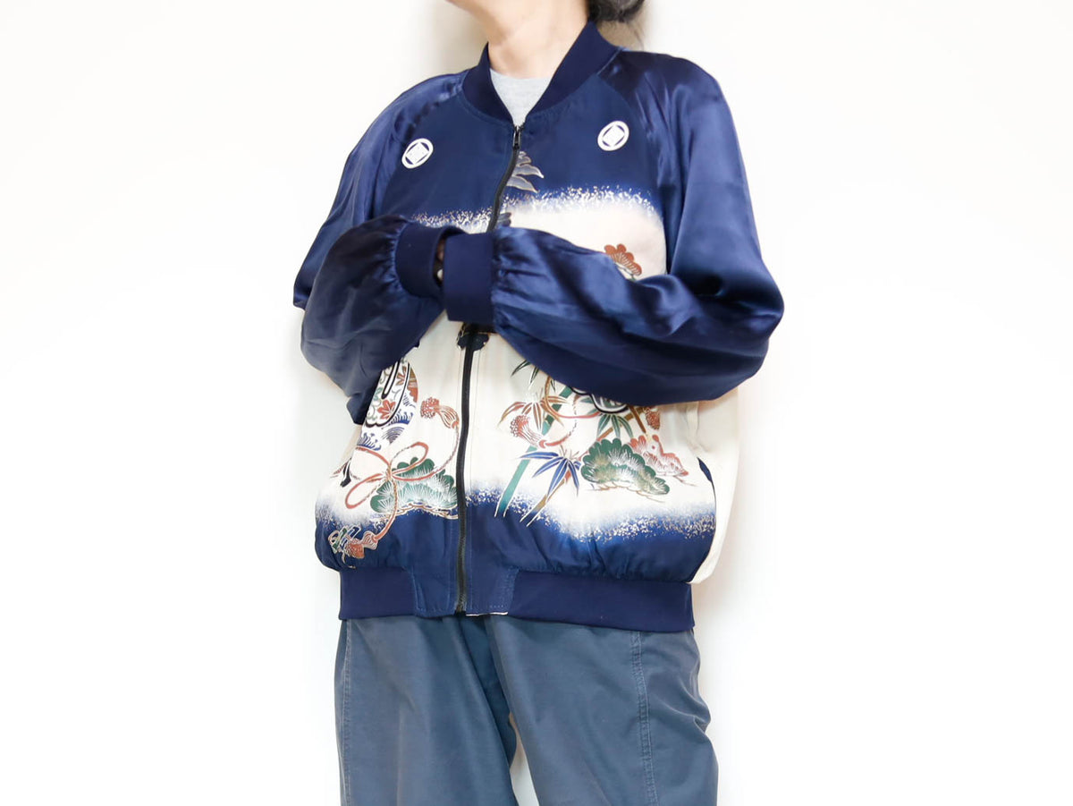 Vintage Kimono Bomber Jacket Men’s L | Silk Zip-Up Japanese Pattern Unisex | RIKA SHIOYA BOUTIQUE