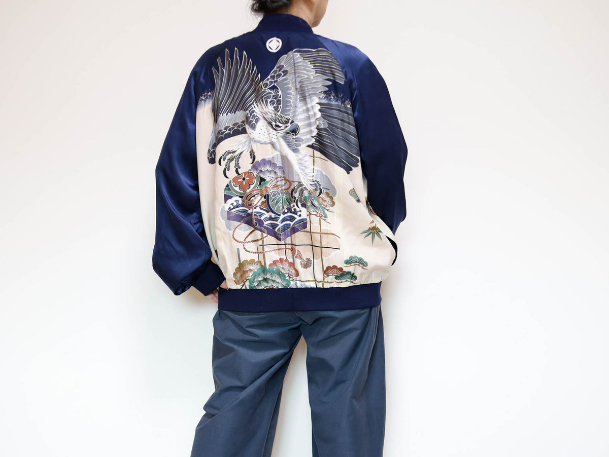 Vintage Kimono Bomber Jacket Men’s L | Silk Zip-Up Japanese Pattern Unisex | RIKA SHIOYA BOUTIQUE