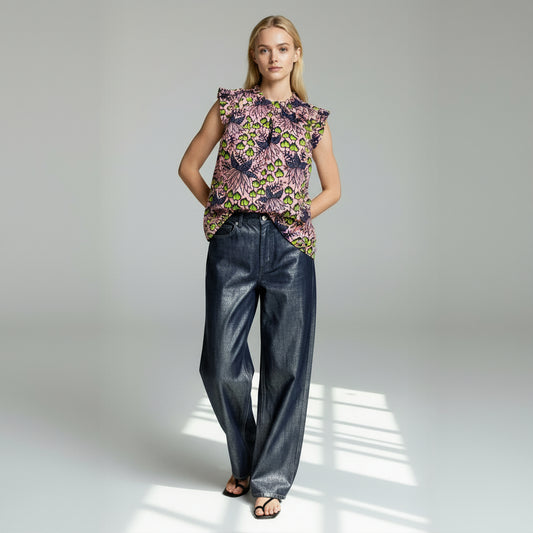 <T41J-001>  African Print Ruffle Top  Elegant Ruffles That Brighten Your Look in a Relaxed M-L Size