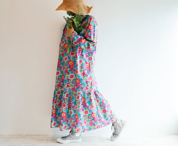 <D27F> Drop ruffle maxi Dress FLOWERS